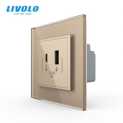 Priza dubla USB + USB tip C, cu rama sticla