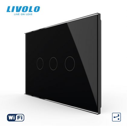 Intrerupator triplu, standard italian, cap scara / cap cruce, conexiune WiFi, cu panou sticla, 3M