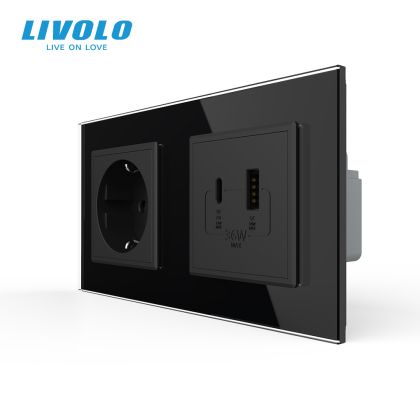 Priza dubla Schuko + USB tip A si tip C, cu rama sticla
