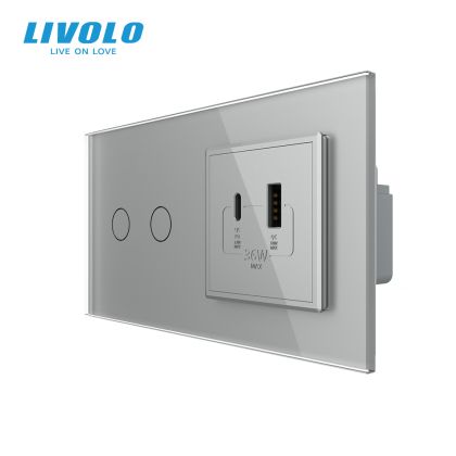 Intrerupator dublu + priza USB tip A si tip C, generatia noua, cu rama sticla
