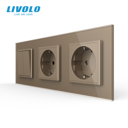 Intrerupator mecanic dublu + priza Schuko + priza Schuko, cap / scara, cu rama sticla