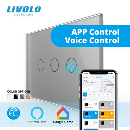 Intrerupator inteligent EC triplu tactil, Generatie Noua, cu panou sticla, standard italian 3M