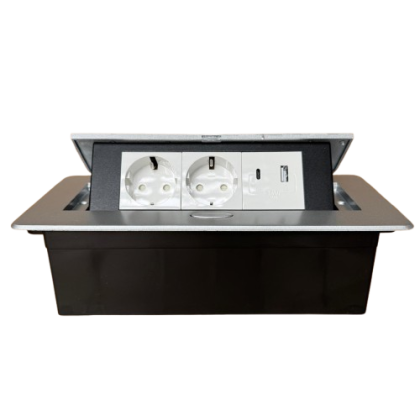 Carcasa prize incorporabile birou, 6M Silver cu 1 priza USB tip A + tip C + 2 prize Schuko 