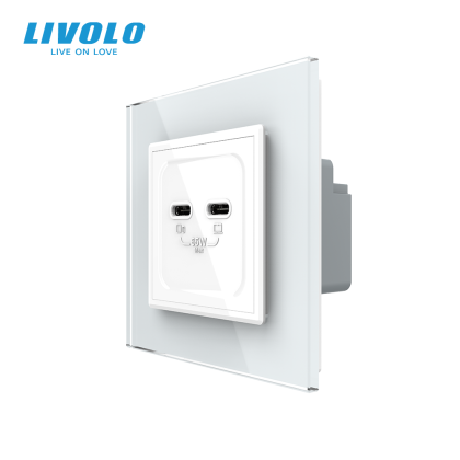 Priza dubla 2 x USB tip C, 65W, cu rama din sticla, Livolo