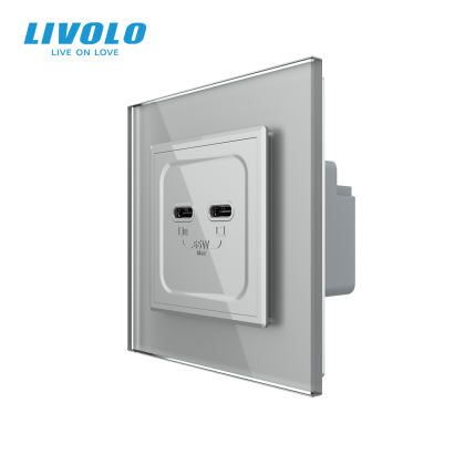 Priza dubla 2 x USB tip C, 65W, cu rama din sticla, Livolo