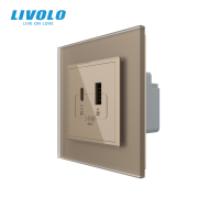 Priza dubla USB + USB tip C, cu rama sticla